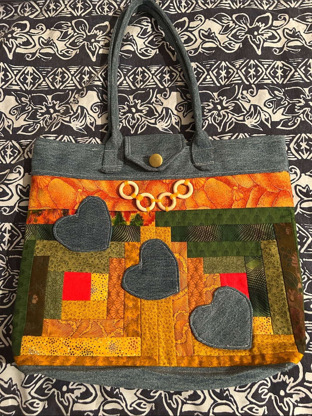 Homemade Patchwork Denim Accent Tote Bag 15”x13”x3”